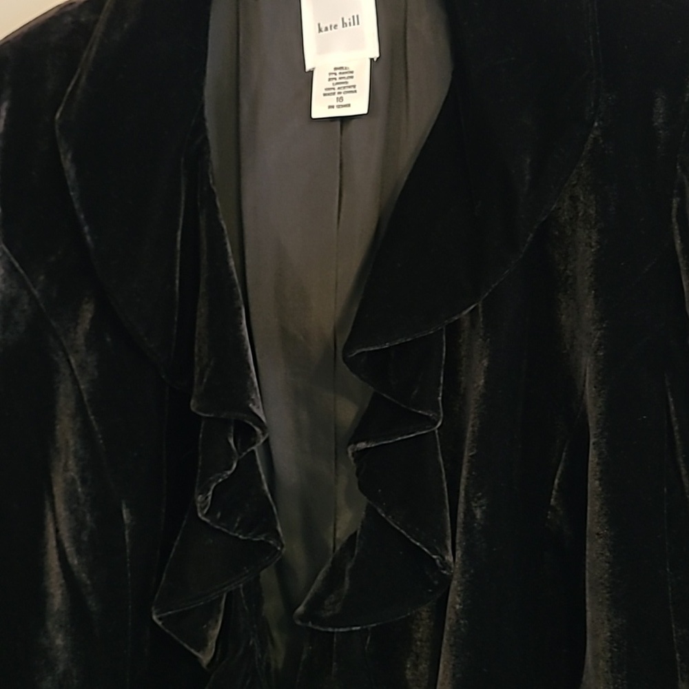 Kate Hill Black Crushed Velvet Black Ruffle Blazer Jacket Wmn 16 Plus Elegant - Picture 3 of 15